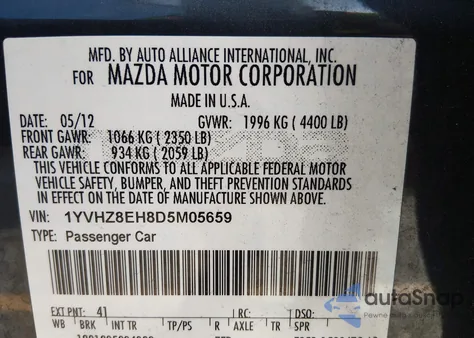 2013 Mazda Mazda6 I Touring Plus z USA, uszkodzony, nr VIN 1YVHZ8EH8D5M05659